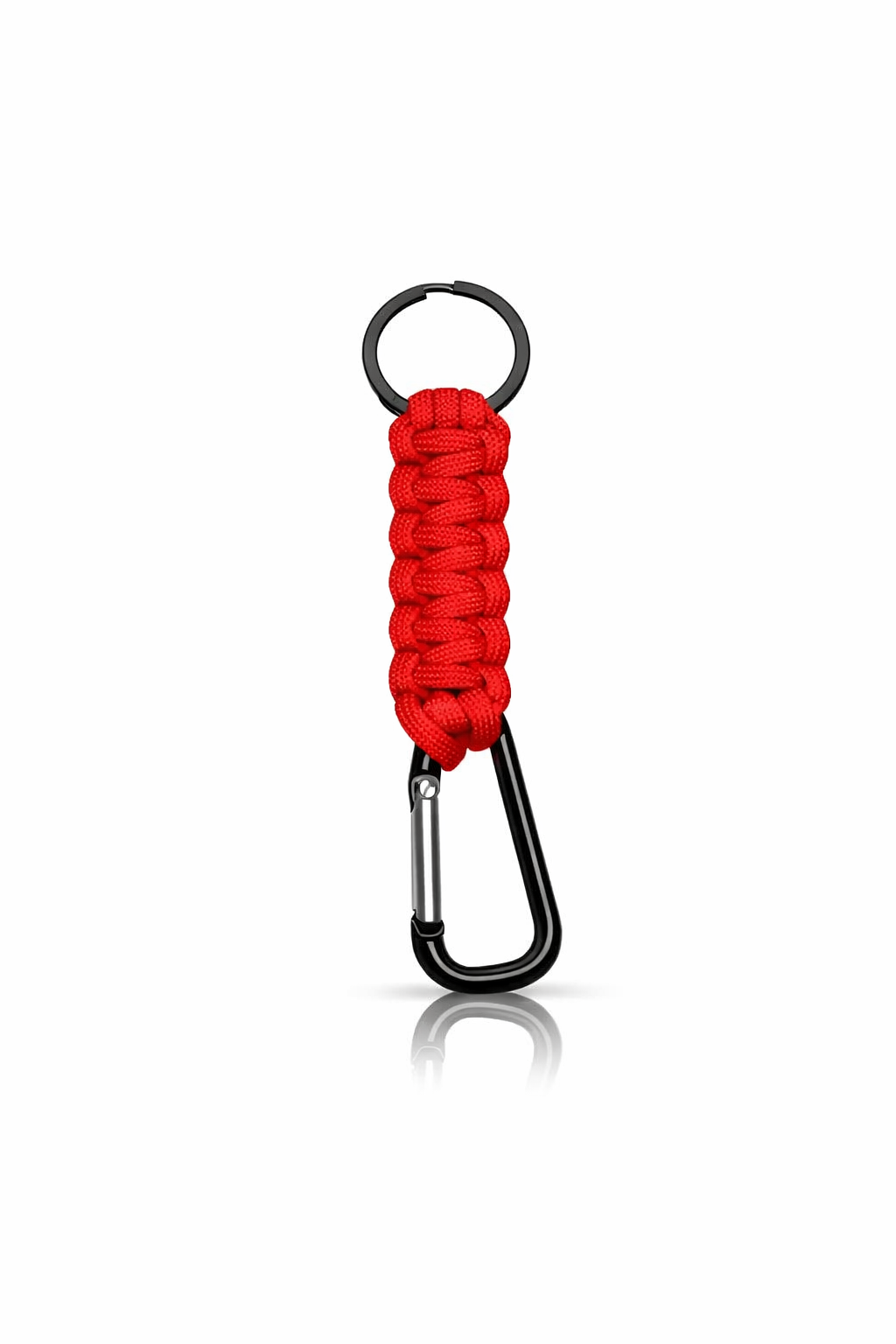 Red paracord keychain with black carabiner.
