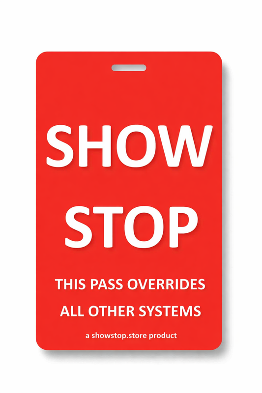 Red show stop card with white text